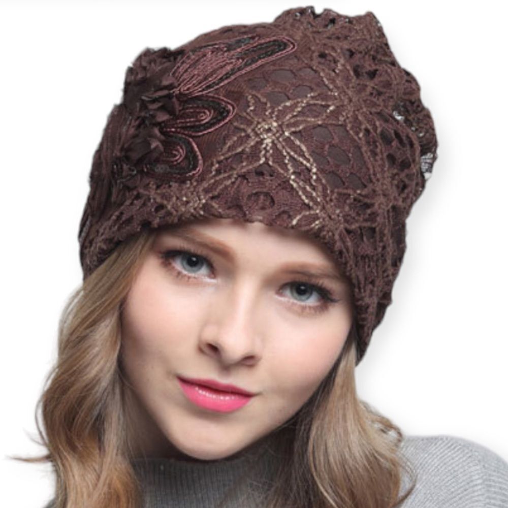 Brown Lace Lightweight Floral Sequins Design Skullcap Beanie- NEW